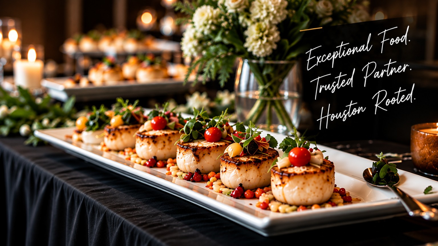 Elegant catered scallop presentation with floral centerpiece